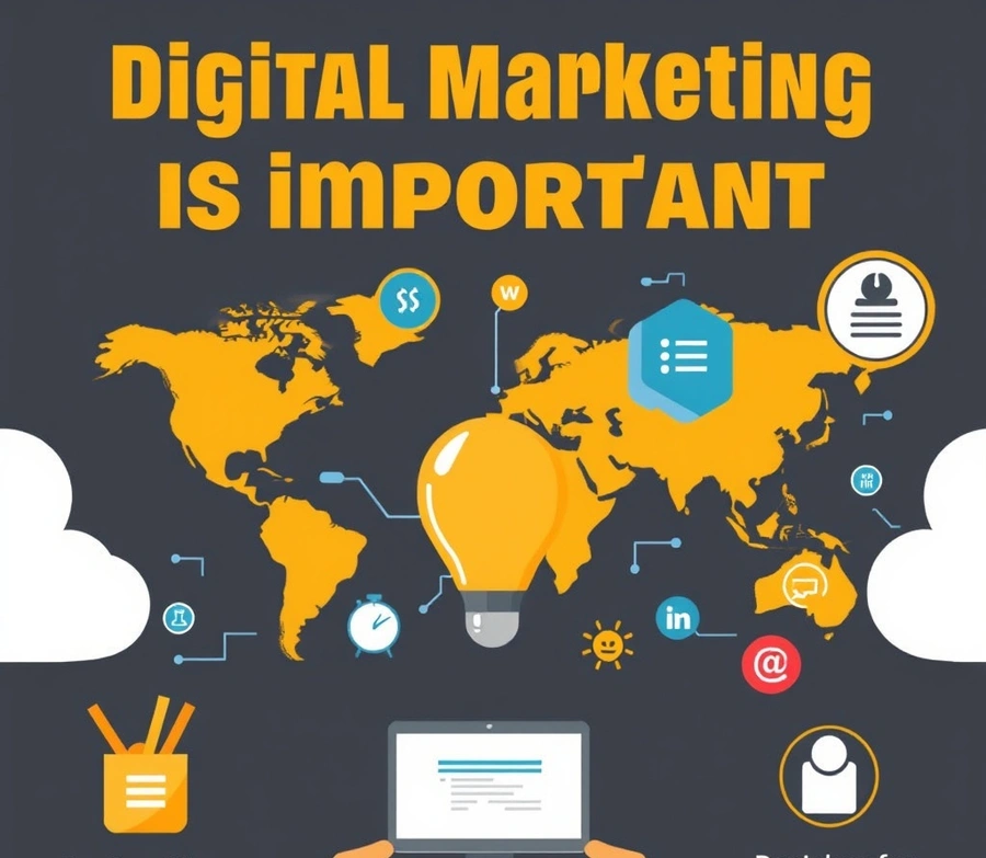 Digital Marketing is important as displayed on the image. This image has a world map and illustrations using different icons showing connectivity in the modern era. Cyberlink Digital is the best digital marketing service in mohali. PPC Services in mohali