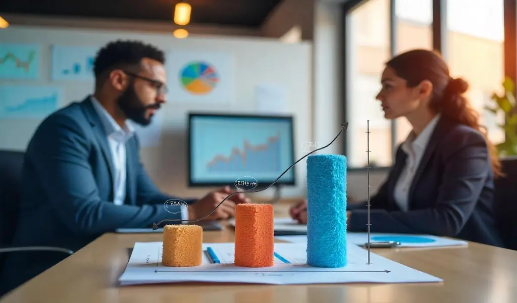 This image shows a professional setup with a man and woman discussing about sales and marketing. In the background it has a monitor showing graph and in the front there is a 3d graph. Best PPC Services in Mohali