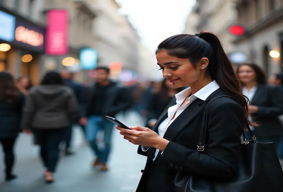 A girl is looking at her phone with a smile on the face in the middle of a crowd in the background. www.cyberlinkdigital.com