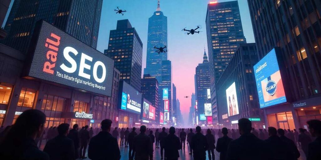 Image shows buildings and drones in the sky. SEO is written on a banner in the left side depicting SEO in 2025: Beyond Keywords, Google Pack Rankings, & Backlinks