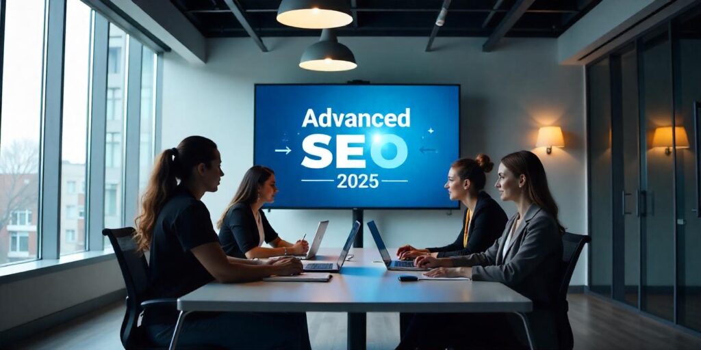 Image shows a screen where Advanced SEO 2025 is written on it. It surrounds with table and chairs in an office setup. It has employees sitting on chairs and looking at the screen.