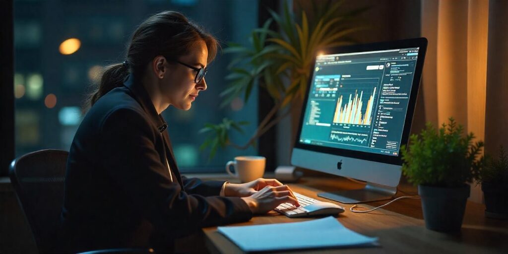 Image shows a woman working on the computer showing First-Party Data & Privacy-First PPC Services: Thriving in a Cookieless World.