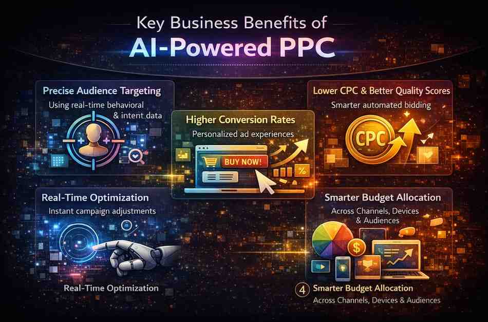 Key business benefits of AI-powered PPC services including targeting and ROI