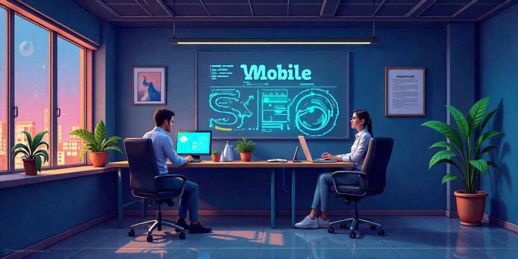 Image shows an illustration on Mobile SEO. It has an office environment. Two employees are looking on the wall where projected image of Mobile SEO with graphs is shown. 