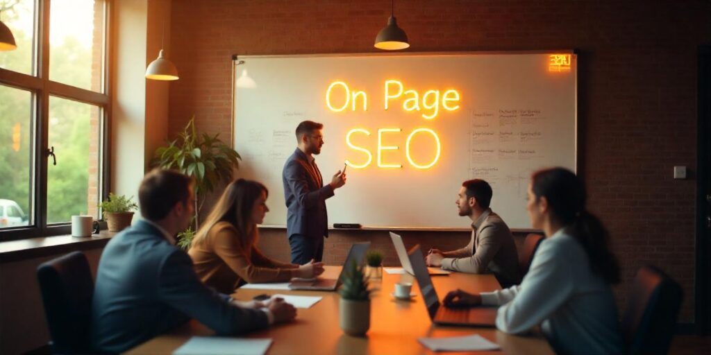 Image describes On Page SEO written on a white board. Employees are discussing on the topic of Advanced SEO 2025. Highlighting the importance of On Page SEO