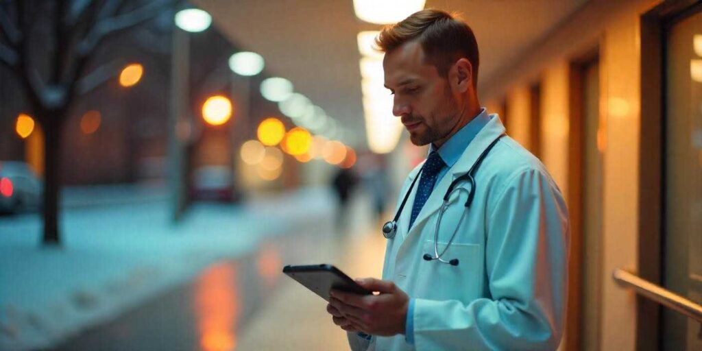 A doctor reviews information on a tablet outside a clinic, symbolizing the impact of digital marketing services for healthcare providers in staying connected with patients.