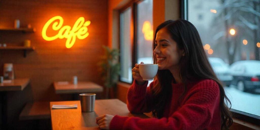 woman enjoys coffee in a cozy cafe capturing a candid moment perfect for social media