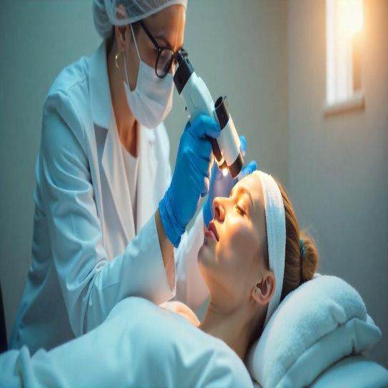Mohali dermatologist consulting patient with Google reviews displayed on screen as part of digital marketing for healthcare strategy