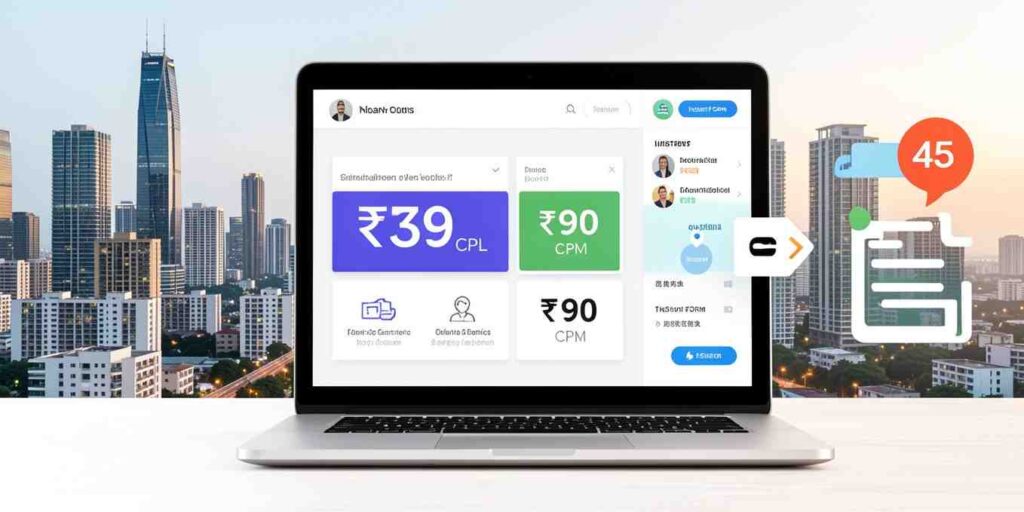 Meta ads strategy for real estate campaign dashboard showing reduced cost per lead under ₹40.