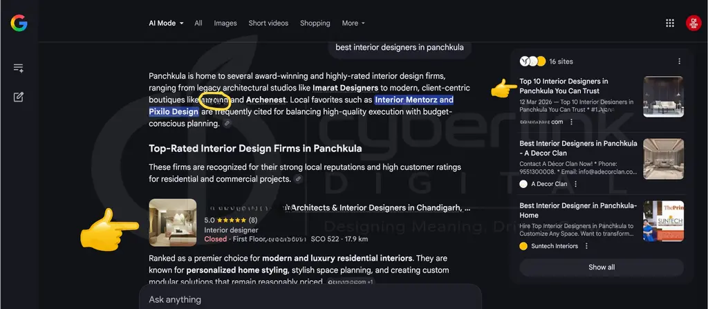 AI search result for architecture and interior design studio in Panchkula — organic lead generation through GIN Framework by Cyberlink Digital
