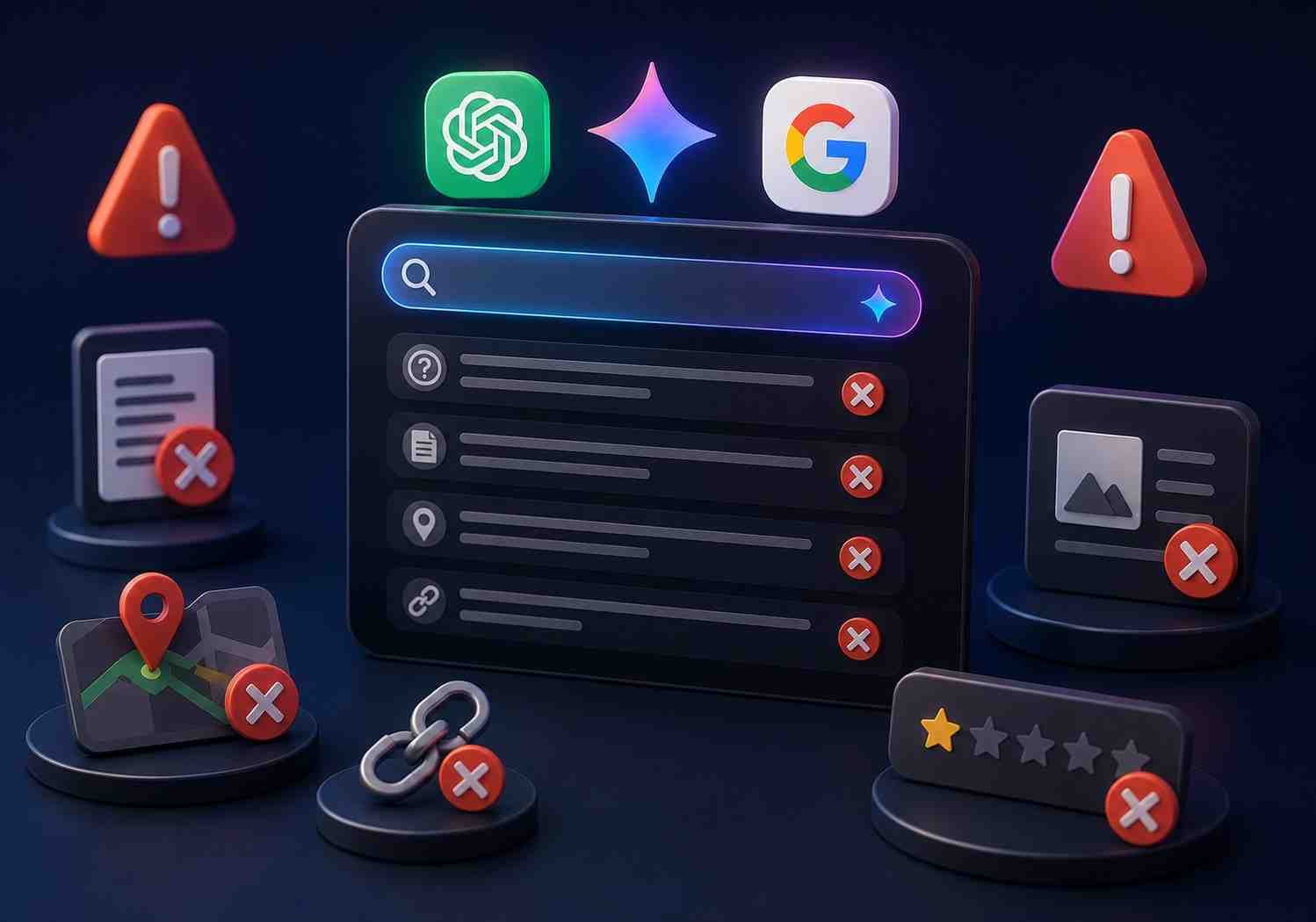 common AI Search Optimization mistakes such as thin content, missing schema markup, weak internal linking, and outdated business information.