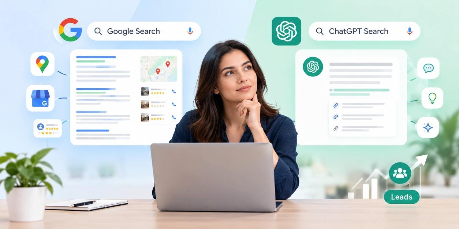 Google vs ChatGPT Search comparison showing where leads come from in 2026.