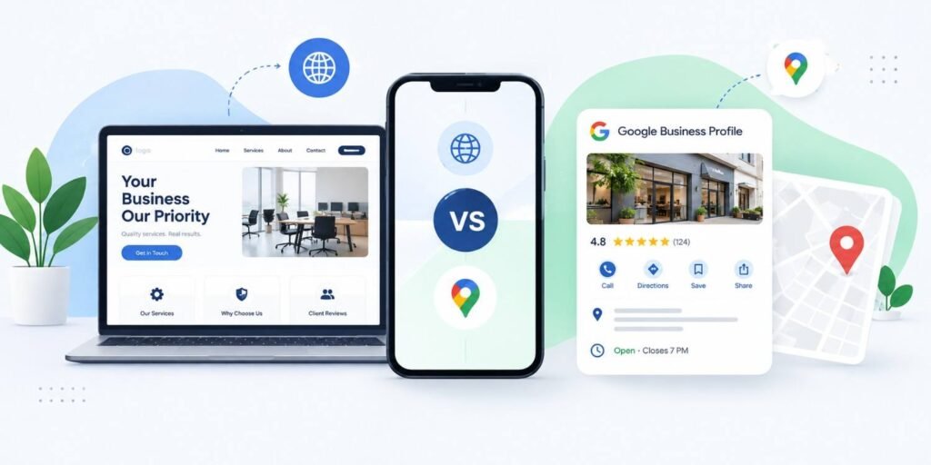 Website vs Google Business Profile comparison showing how reviews, business photos, website links and local search visibility influence customers choosing a local business.