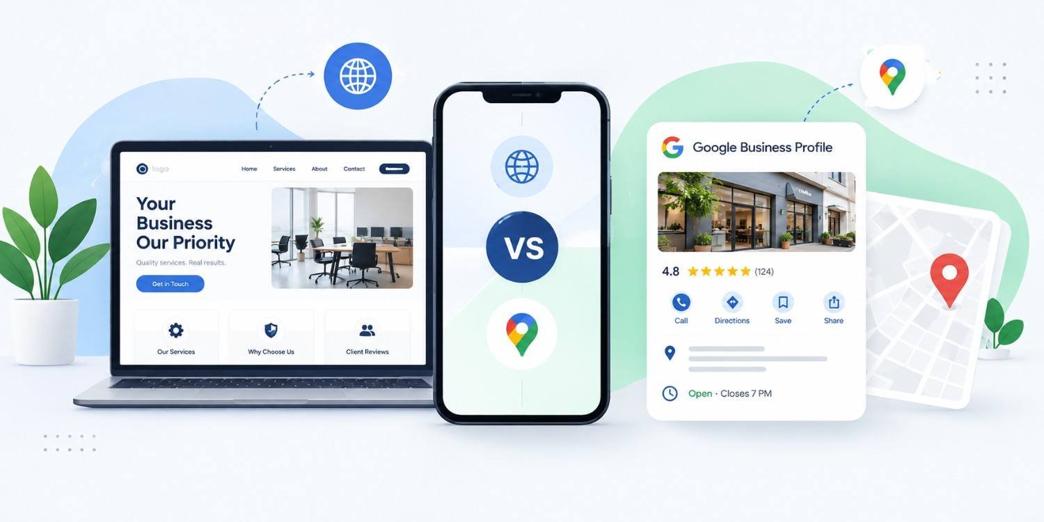 Website vs Google Business Profile comparison showing how reviews, business photos, website links and local search visibility influence customers choosing a local business.